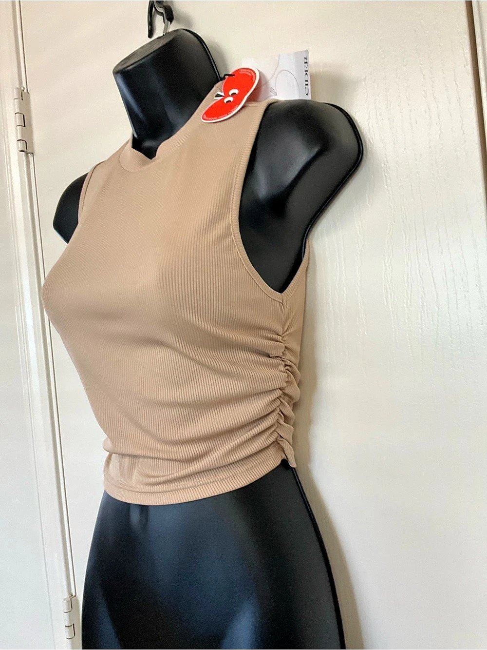 CIDER Ribbed Mock Neck Ruched Tank Top - Picture 3 of 5